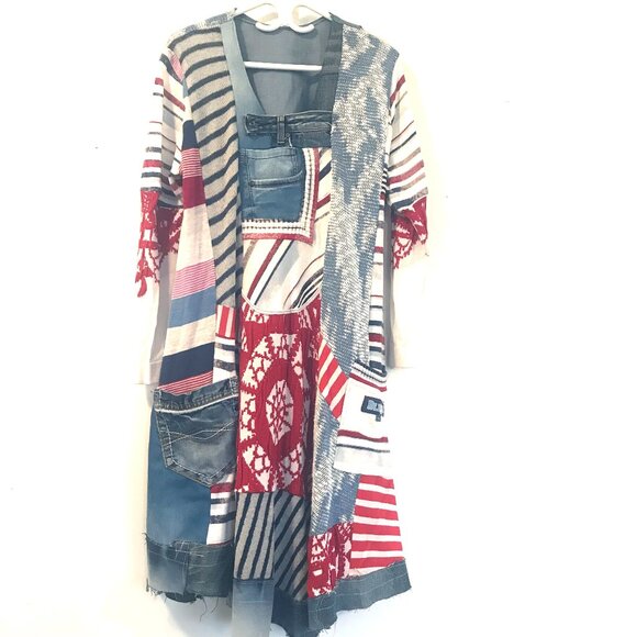 Art to wear patchwork tunic/midi dress women's M boho hippie retro denim whimsy - Picture 1 of 10